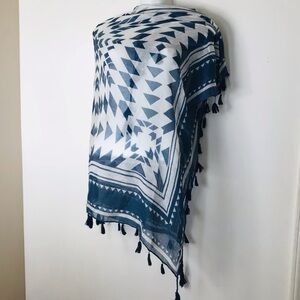 Geometric Navy & White Tassel Wrap Scarf - Lightweight Women's Shawl
